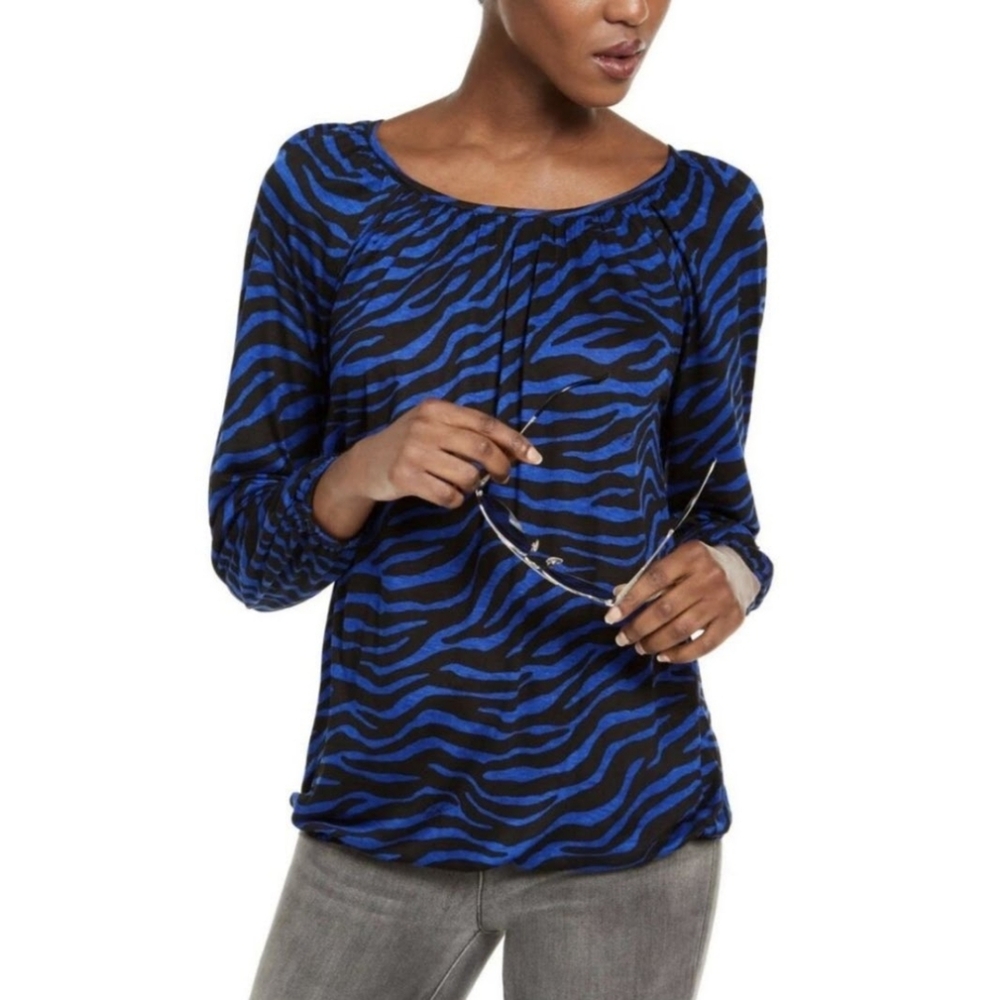 Michael Kors Lori Printed Knit Blouse in Black/Twilight Blue Size S/M